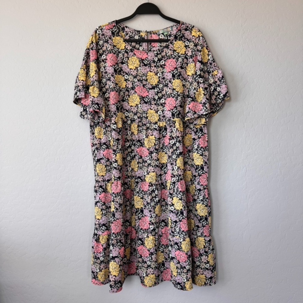 Good Luck Gem Floral‎ Print Tiered Midi Dress Flutter Sleeve Casual XL